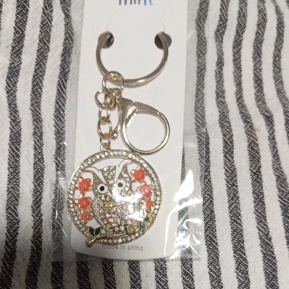 Gold Owl Keychain with Floral Accents